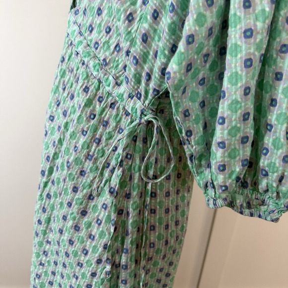 Mango MNG Maxi Dress SMALL Green Open Back Cotton Geometric Tiered Deep V Neck - Picture 5 of 11